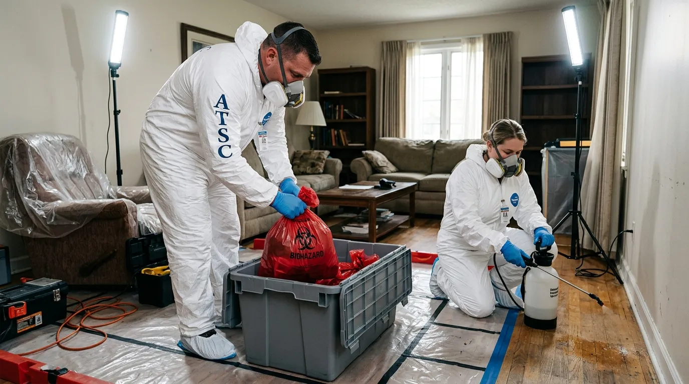 Professional Biohazard Cleanup technician in full PPE working in Pevely